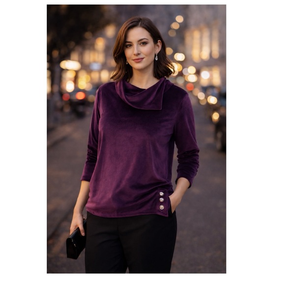 PENNANS Plum Velour Cowl Neck Top Sz L Rhinestone Sophisticated Quiet Luxury - Picture 15 of 15